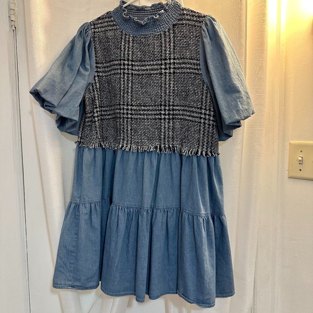 ZARA Denim Tweed Puff Sleeve Mini Dress Size Small/S Blogger Favorite